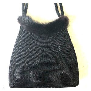 Black Beaded Purse Lined w/ Rabbit Fur Handbag